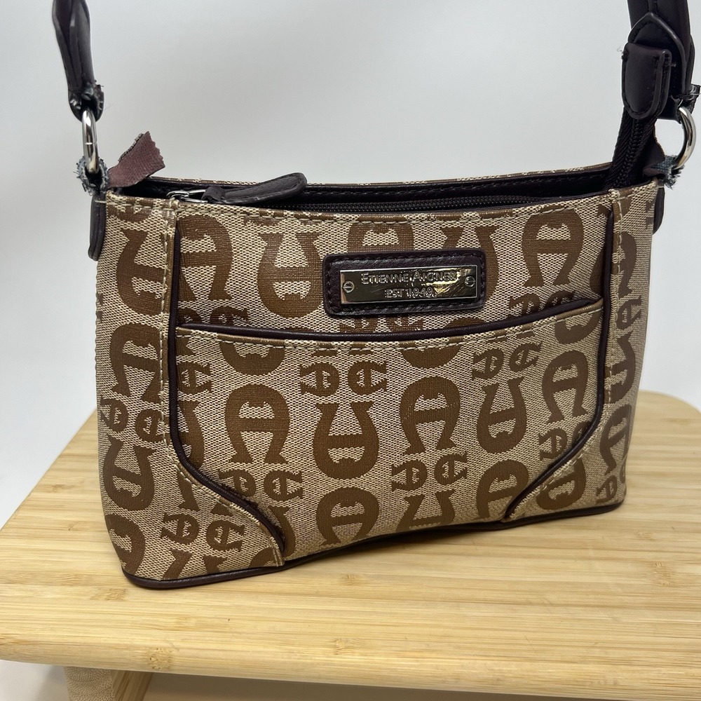 Etienne Aigner Vintage Y2K Brown Coated Canvas Leather Trim‎ Shoulder Handbag